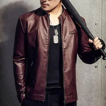 

Stylish Men Stand Collar Faux Leather Fleece Lined Pockets Zipper Warm Jacket