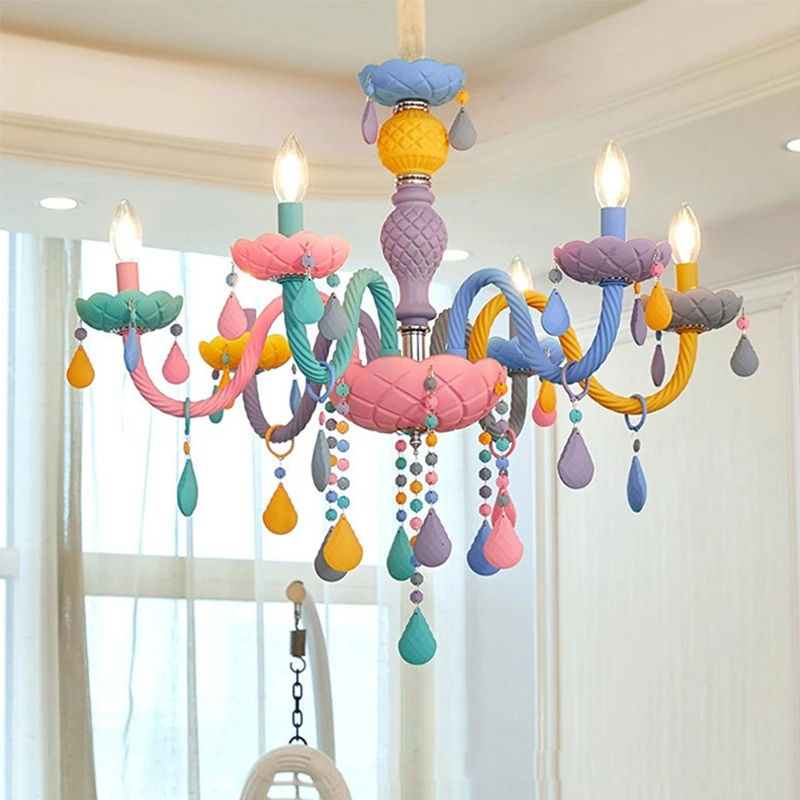 

Rainbow Crystal Chandelier European Candle Bedroom Children's Room American Girl Princess Makaron Pendant Chandeliers Lighting