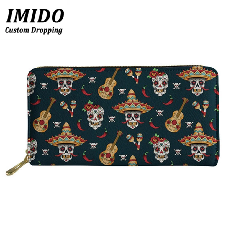 

IMIDO Fashion Leather Wallet Sugar Skull Mexican Print Waterproof Zipper Purses for Women Clutch Bag Retro Wallet Coin Card 2019