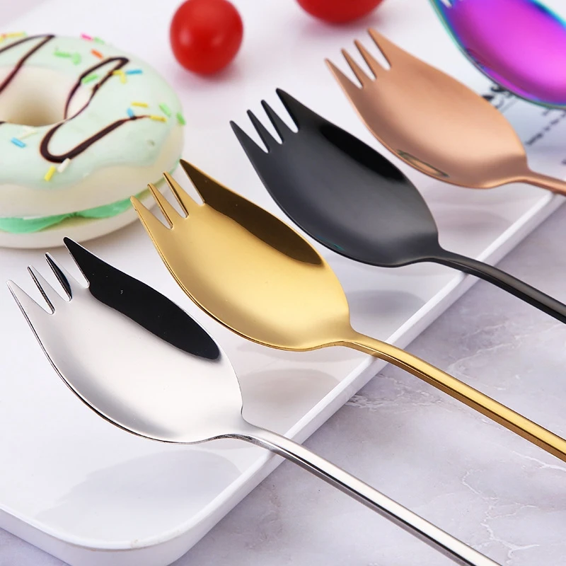 Botique-7Pcs Ложка Вилка длинная ручка салатная ложка многоразовая нержавеющая сталь Spork золотые Десертные Ложки Посуда для пикника на открытом воздухе