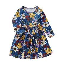 Платье для девочек Детские Платья с цветочным принтом и длинными рукавами г. Осенняя повседневная одежда для девочек 2, 3, 4, 5, 6, 7 лет, Детская Хлопковая одежда