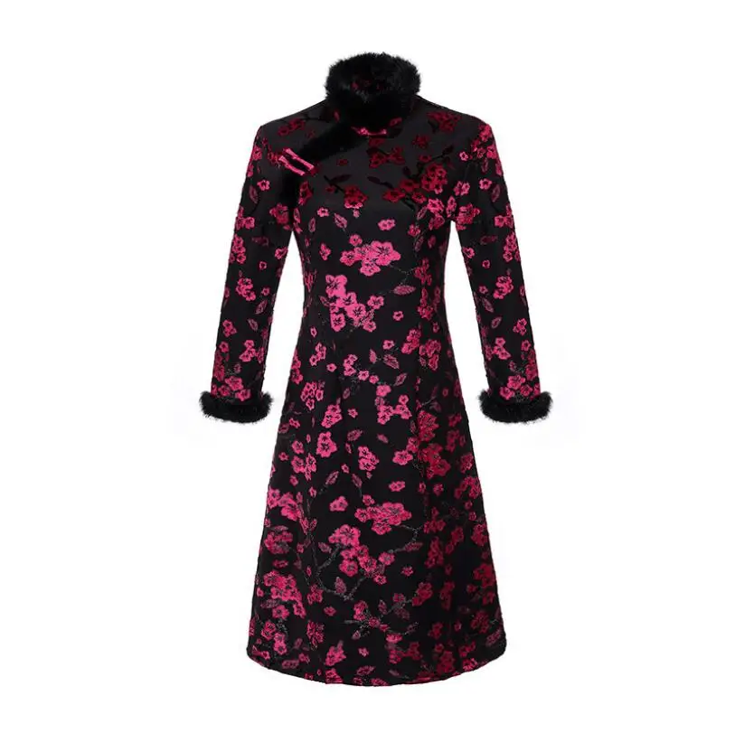 Зима размера плюс китайские платья для женщин с длинным рукавом qipao 3XL 4XL 5XL жаккард цветочный cheongsam современное китайское вязаное платье - Цвет: 2