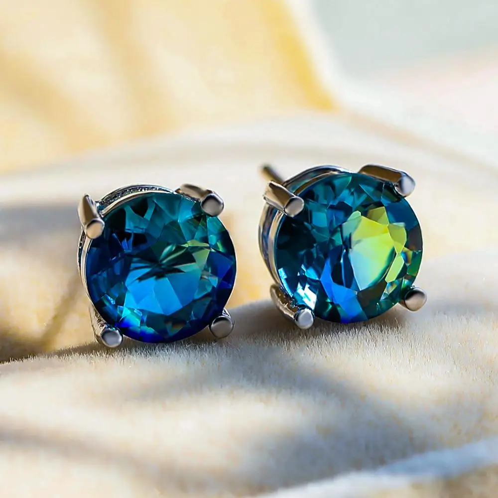 Роскошные женские синие зеленые радужные круглые серьги винтажные стерлингового серебра 925 Свадебные Ювелирные Кристаллы серьги с цирконием