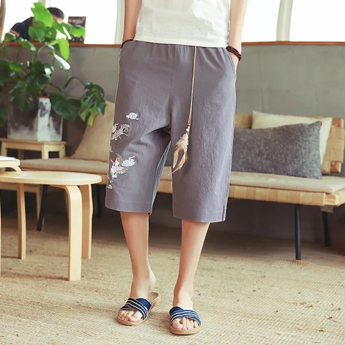 Мужские хлопковые и льняные шаровары летние мужские вышитые брюки sizeS-5XL мужские укороченные брюки - Цвет: Серый