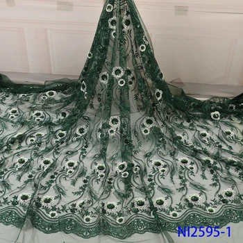

NIAI Green African Lace Fabric 2019 High Quality Seuqins Lace French Nigerian Tulle Lace Fabrics For Women Dress NI2595-1