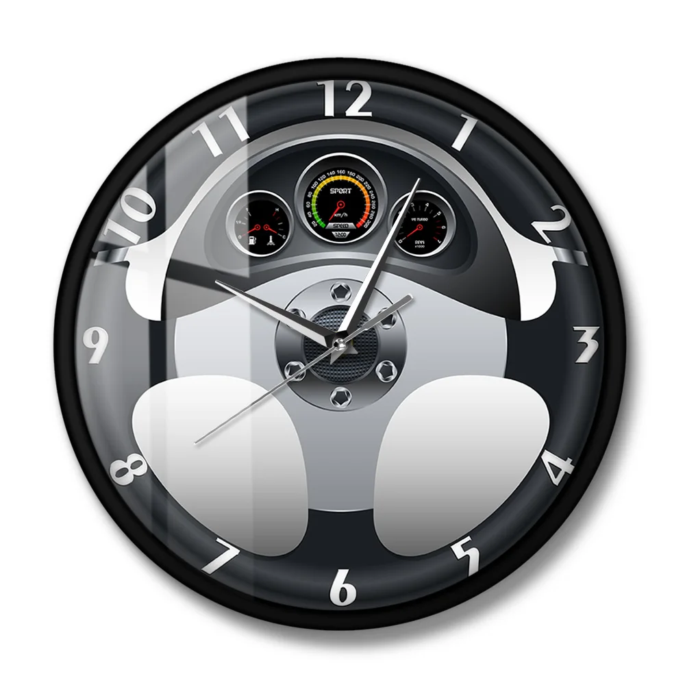 Sport Car Steering Wheel And Dashboard Printed Wall Clock Automobile