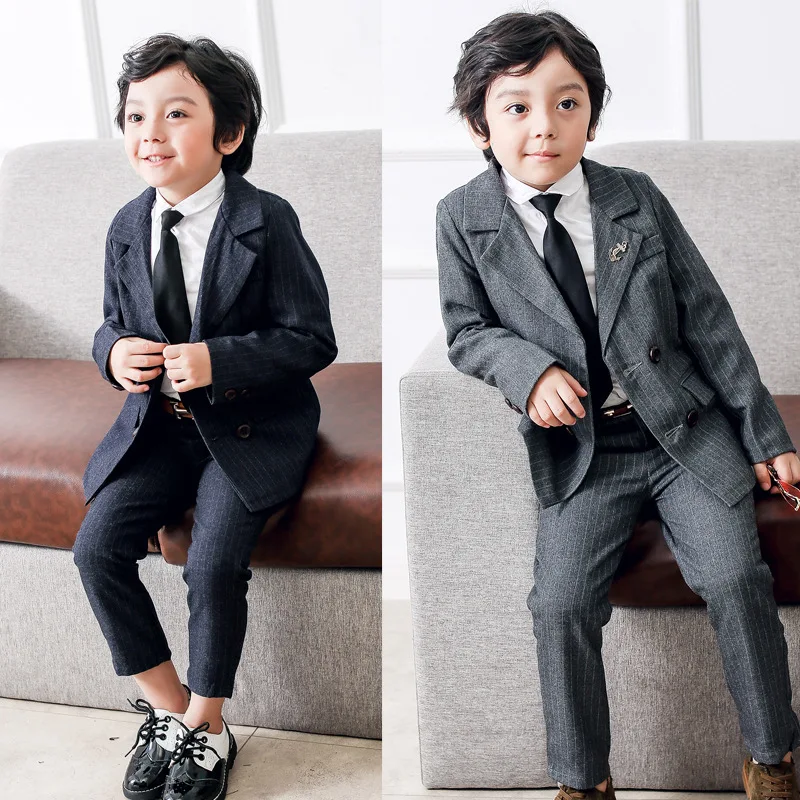 

2019 Spring New Style Men's Striped Suit Jacket Medium Length Korean-style Children Suit Two-Piece Set