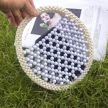 

Handmade Retro Round Marble Pattern Beads HandBag 2020 New Circle Handle Pearl Dinner Clutch Purse Evening Bag Clutch Bag