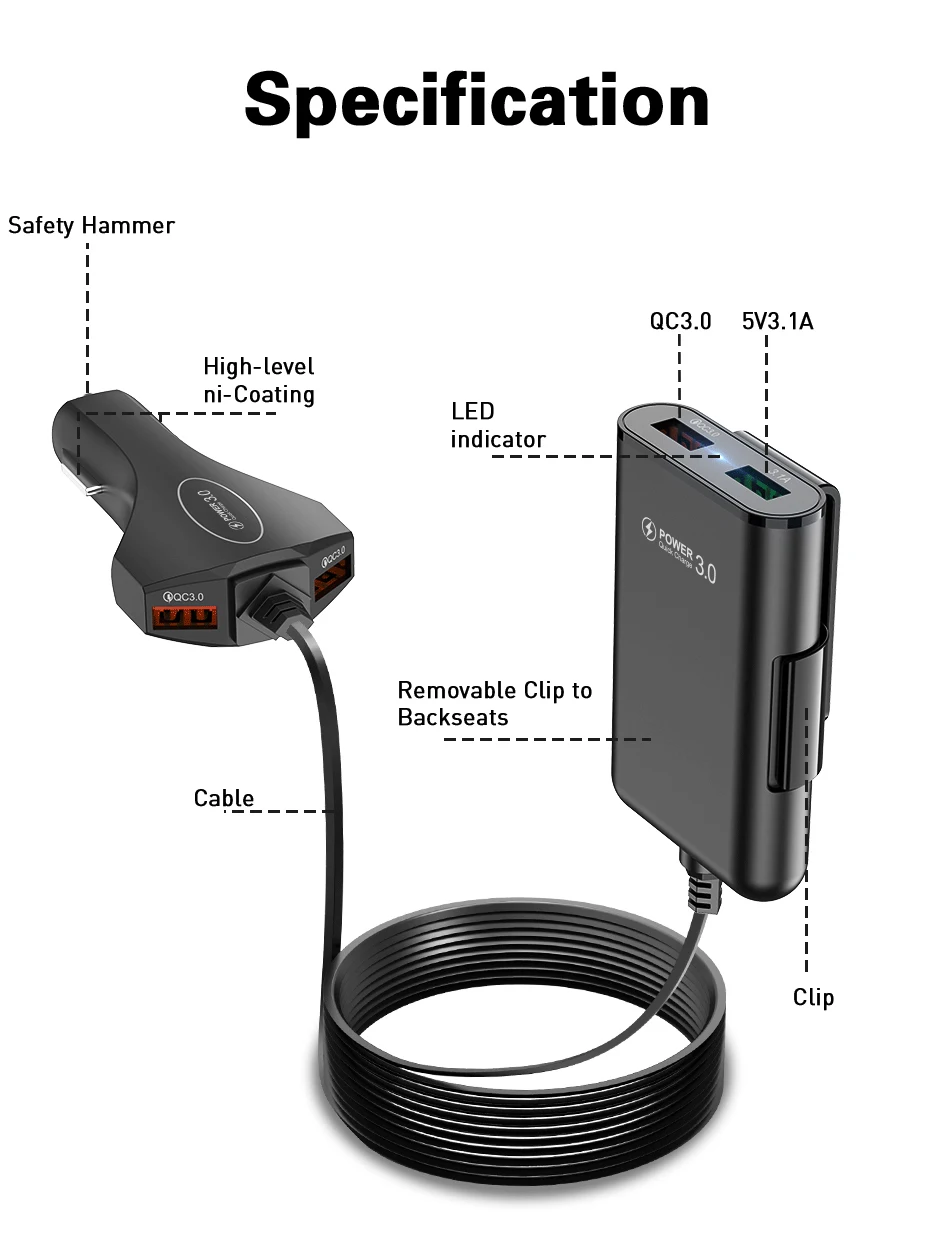 USLION 4 USB порта QC 3,0 Автомобильное зарядное устройство Быстрая зарядка автомобильное зарядное устройство 2 порта быстрое автомобильное зарядное устройство портативное зарядное устройство с USB для iPhone Xiaomi