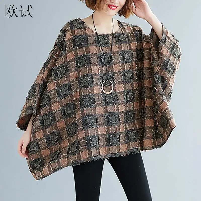 

Plus Size Plaid Poncho Cloak Women Blouse Casual Patchwork Ladies Cape Tops Oversized Tunic Batwing Sleeve Loose Coat 2019