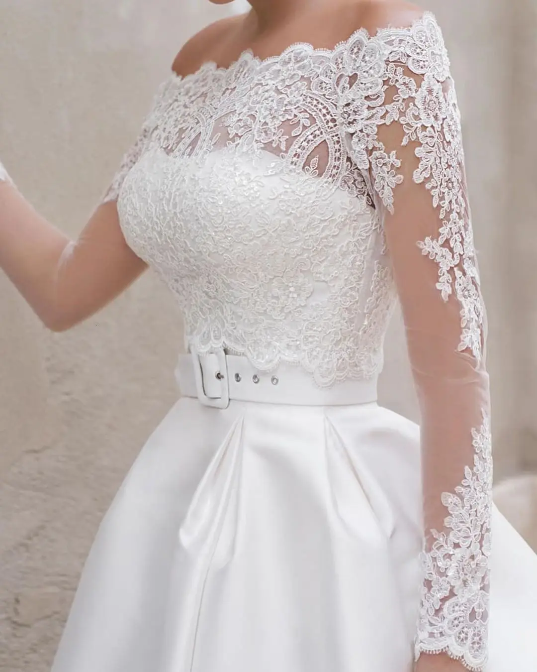 Vivian's Bridal идеальное сочетание кружева и атласа свадебное платье модное съемный кружевной топ с длинными рукавами и пуговицами свадебное