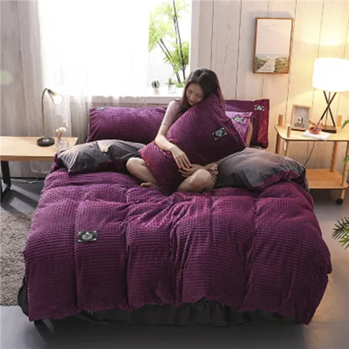 purple Фланелевый Комплект постельного белья, зимний теплый пододеяльник, набор клетчатых одеял, пододеяльник, плоский лист, наволочка, супер мягкое синее фиолетовое постельное белье, 4 шт - Цвет: purple