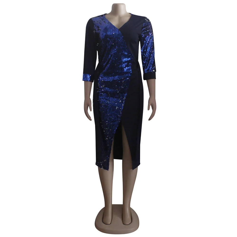 African Dresses For Women Sexy Sequins Pure Color Splicing Deep V-neck Half Sleeves Split Elegant Pencil Tight Dress Short Party african outfits