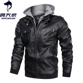 

Men's jacket coat leather jacket pu removable hat