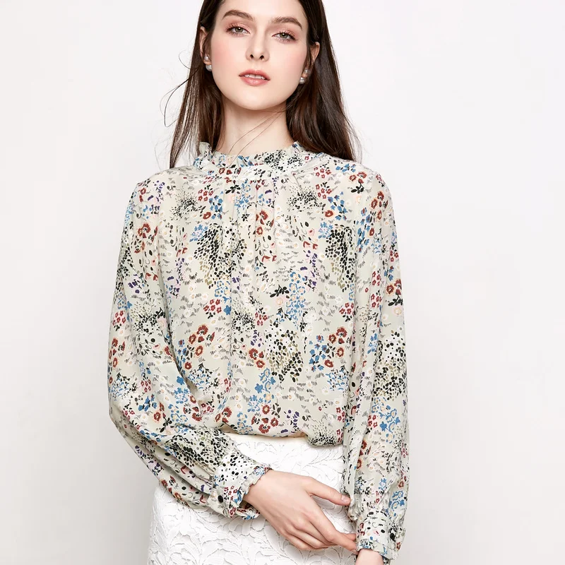  Women Blouse 100% REAL SILK Crepe Floral Printed Blouse Shirt Stand Collar Office Lady Blouses 2019