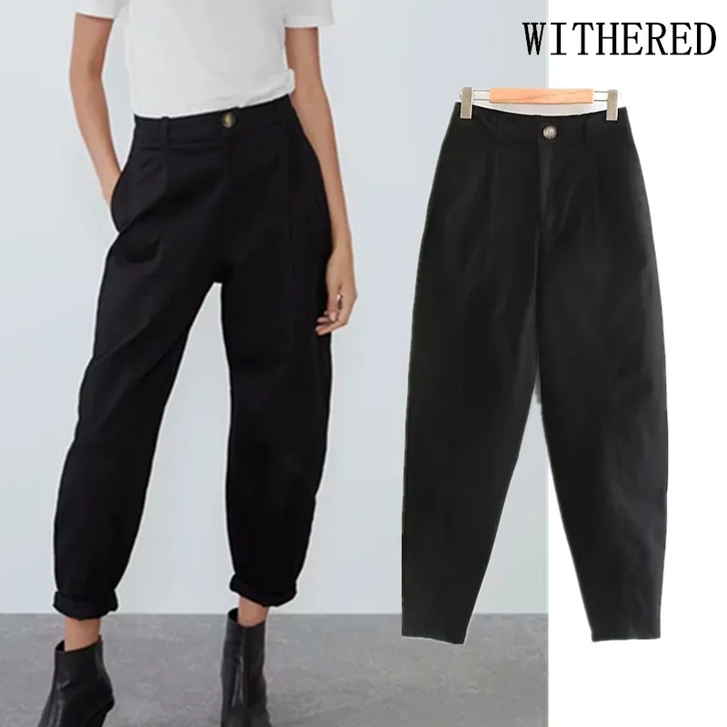 Withered england style simple solid pleated loose casual harem pants women pantalones mujer pantalon femme trousers women