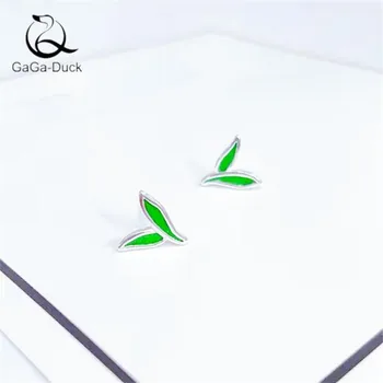 

New Fashion Jewelry Simple Leaf Creative 925 Sterling Silver Not Allergic Epoxy Green Two Small Leaves Stud Earrings E907