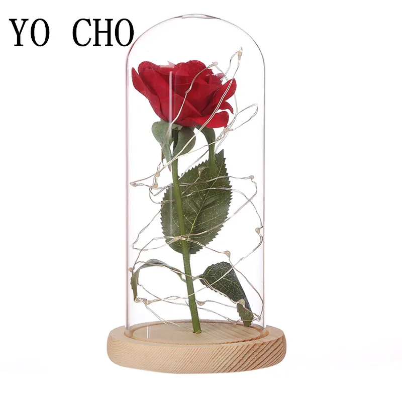 YO CHO beauty And The Beast Шелковая Красная роза в стеклянном куполе на деревянной основе для подарков Святого Валентина светодиодный лампы с розами Рождественский Декор