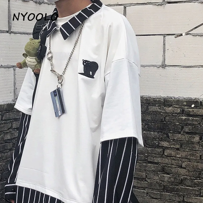 NYOOLO Harajuku стиль вышивка поддельные 2 шт. полосатая Лоскутная рубашка осень уличная Свободная рубашка с длинными рукавами для женщин и мужчин Топ