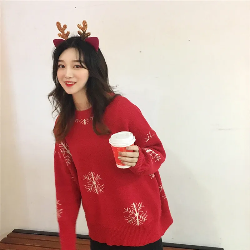 Sweaters Woman Pullovers Christmas 2020 Round Neck Maglioni Korean Vintage Fluffy Large Size Red Sweatshirts Jersey Mujer Lady