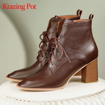 

Krazing pot 2020 hot sale top quality winter shoes vintage fashion cow leather round toe high heel cross-tied ankle boots L33
