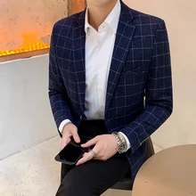 Осень-зима мужской пиджак, жакет цвет: черный, синий серый Slim Fit Для мужчин платье куртки Размеры S M L XL XXL XXXL решетки Бизнес костюм Для мужчин пальто