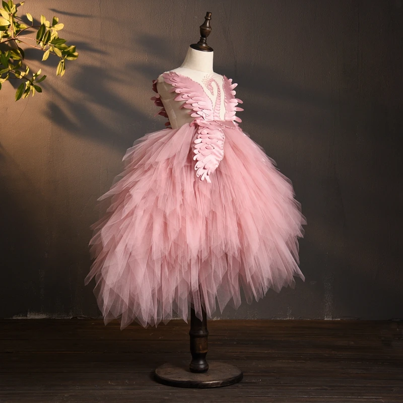 Elegant Swan Crystal Tulle Trailing Flower Girl Dress Evening Gown Kids Pageant Dress Birthday Party Feather Lace Princess Dress little girl skirt dress