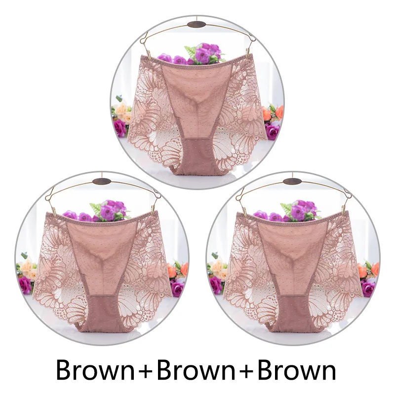 Brown Brown Brown 3 шт., женское прозрачное кружевное нижнее белье, сексуальные бесшовные трусы с высокой талией, дышащее женское нижнее белье, M-XL размера плюс - Цвет: Brown Brown Brown