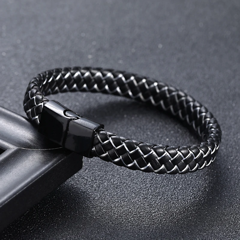 2019New Men Jewelry Punk Black Blue Braided Leather Bracelet for Men Fashion Bangles GiftsStainless Steel Magnetic Clasp - Окраска металла: Black Silver