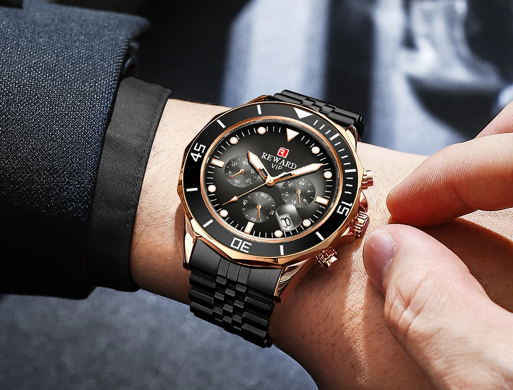 REWARD New Fashion Mens Watches Full Steel Chronograph Waterproof Watch Top Brand Sport Quartz Men Wrist Watch Relogio Masculino