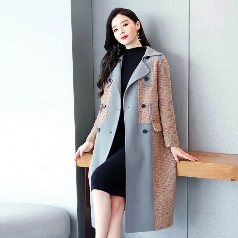 Autumn Winter Coat Women Double-breasted Woolen Coat England Fashion Plaid wool jacket Overcoat Female Wool Coats With Belt