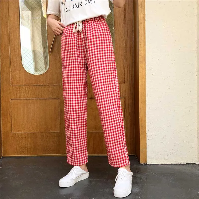 Vintage High Waist Plaid Pants Women Casual Sports Pants Lady 2020 Summer New Fashion Korean Plus Size Student Wide Leg Trousers