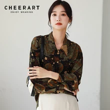 CHEERART Baroque Vintage Long Sleeve Shirt Women Autumn 2021 Brown Tops And Blouses Button Up Retro Print Collared Shirt Clothes