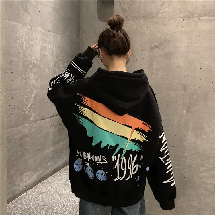 Корейская мода мультфильм печати балахон для женщин Зимний пуловер Harajuku негабаритных с длинным рукавом Толстовка школьницы уличная