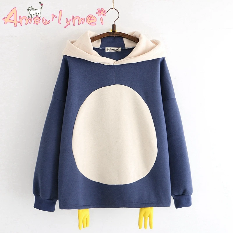 Синий Японский Харадзюку милый мультяшный Пингвин свободный свитер с капюшоном осень зима женские толстовки Mori Girl хлопок Повседневный пуловер - Цвет: Синий