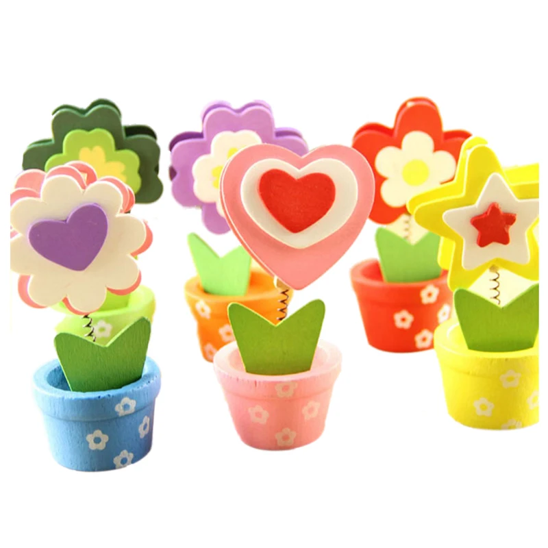 

6pcs cartoon wooden flowerpots message card folder / memo clips / desktop decoration 9.5cm