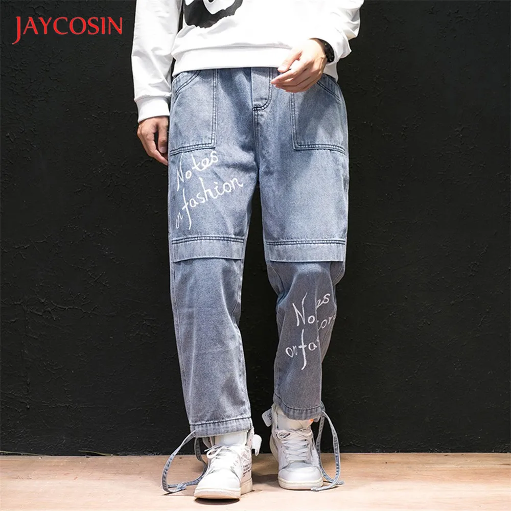 Jaycosin мужские повседневные джинсы, брюки, свободные, с эластичной талией, с большим карманом, облегающие ноги, узкие джинсы, брюки, модные, с буквенным принтом