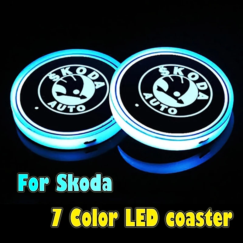  2PCS Car Logo Luminous Light LED Drink Coaster Anti Slip For Skoda rapid fabia yeti kodiaq octavia  - 4000173553127