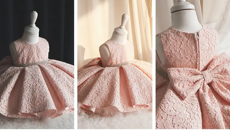 Летнее платье для новорожденных; vestido infantil; платье для крещения; розовое кружевное платье с бусинами для маленьких девочек; пышное платье принцессы для первого дня рождения