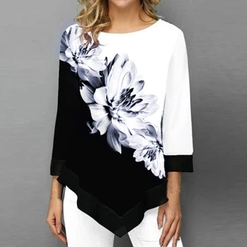 

2019 New Autumn Arrival Women's Fashion Round Neck Shirt Long-sleeved Shirt Women Print Irregular Hem Tunic Casual Tops