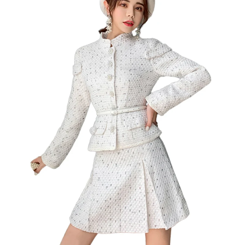jacket and skirt Autumn Winter Women Elegant Tweed Two Piece Set White Wool Belted Pearls Jacket Cropped Coat+ Pleated Mini Skirt Suits Set - Цвет: jacket and skirt