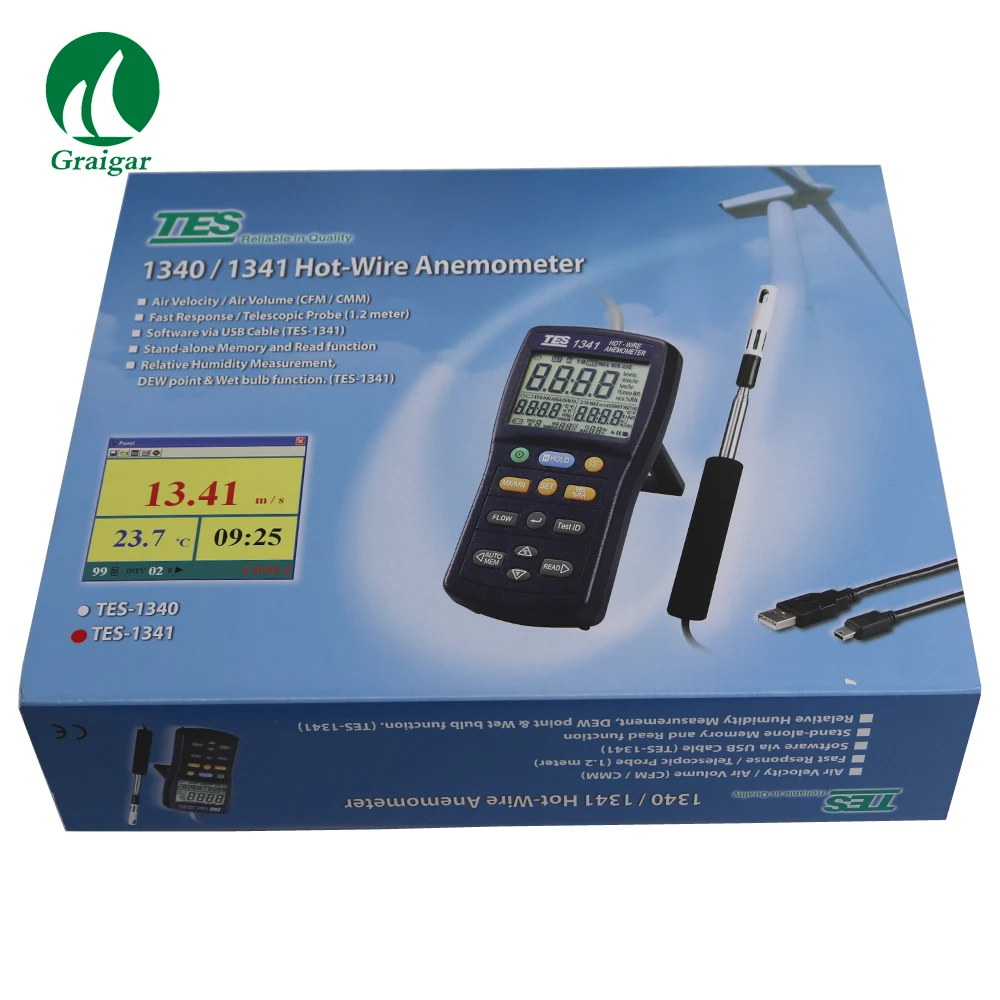 TES-1341 анемометр с горячим проводом с интерфейсом USB и программным обеспечением Темп. И влажность