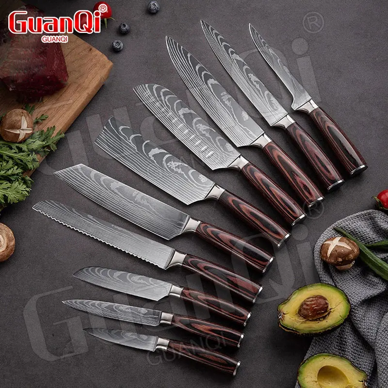 Профессиональные Кухонные ножи шеф-повара с лазерным узором из дамасской стали