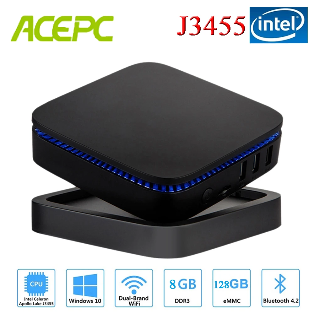Мини-компьютер Intel J3455 Windows10 Linux лицензированный 8 грамм 128 Гб SSD AK1 шт. HDMI2.0 Wi-Fi 4K USB3.0
