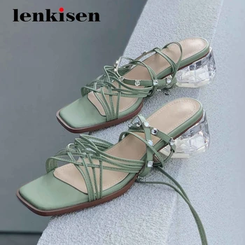 

Lenkisen narrow band rhineston sweet fashion square toe med crystal heels lace up young lady daily wear summer sandals women L63