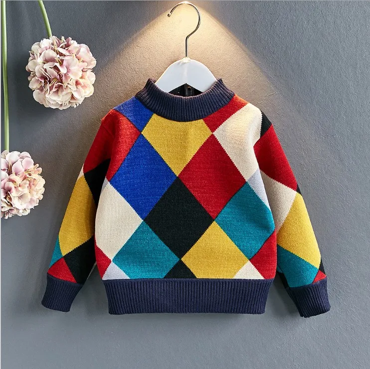 Boys' Sweater Autumn And Winter New Style Korean-style jia rong Sweater Square Lines Pullover Base Shirt Sweater