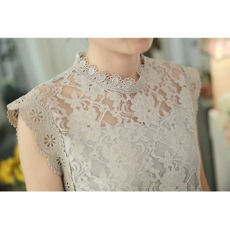 Women Summer Blouse Gray Lace Shirt 