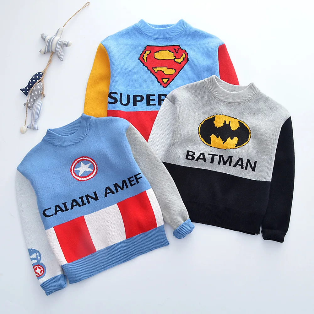 

Children top Sweater Superhero Boy Pullovers Cartoon Embroidered Pattern Batman Kids sweaters Tiny cottons 2019 winter clothes