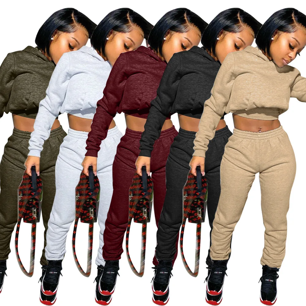 Sweatpants Womens Joggers Set Plain Logo 2 Piece Crop Top Tracksuit Sets Women Sweat Pants Fall Two Jogger with Hoodie |