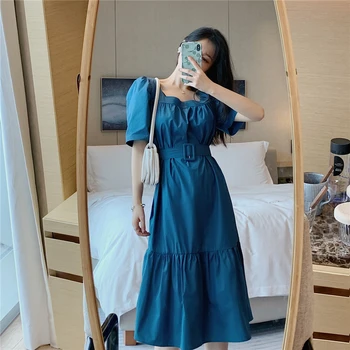 

Women Casual Dress 2020 Summer Fashion Female Short Sleeve Vintage Solid Square Collar Lace Up A-line Loose Dresses Vestidos